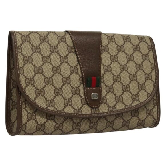 GUCCI GG Supreme Web Sherry Line Clutch Bag PVC Beige Red Green Auth 132258 - Picture 1 of 16